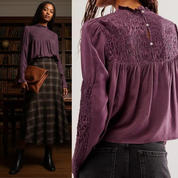 NEW Free People Smocked In Time Long Sleeve Top Plum Dark Academia Size Medium - Picture 1 of 9